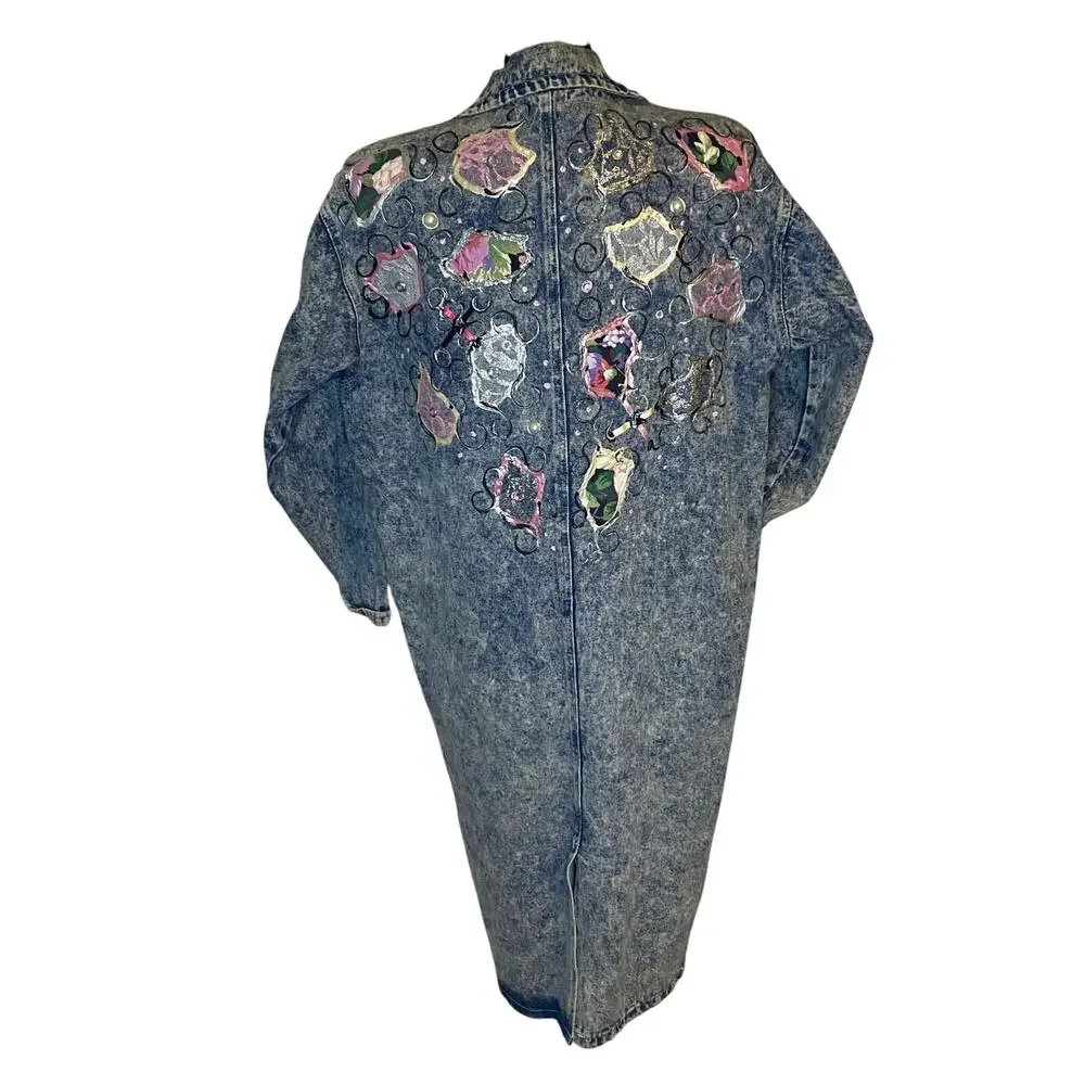 Vtg Acid Wash‎ Denim embellished Benningtons New York Duster Trench 80s M